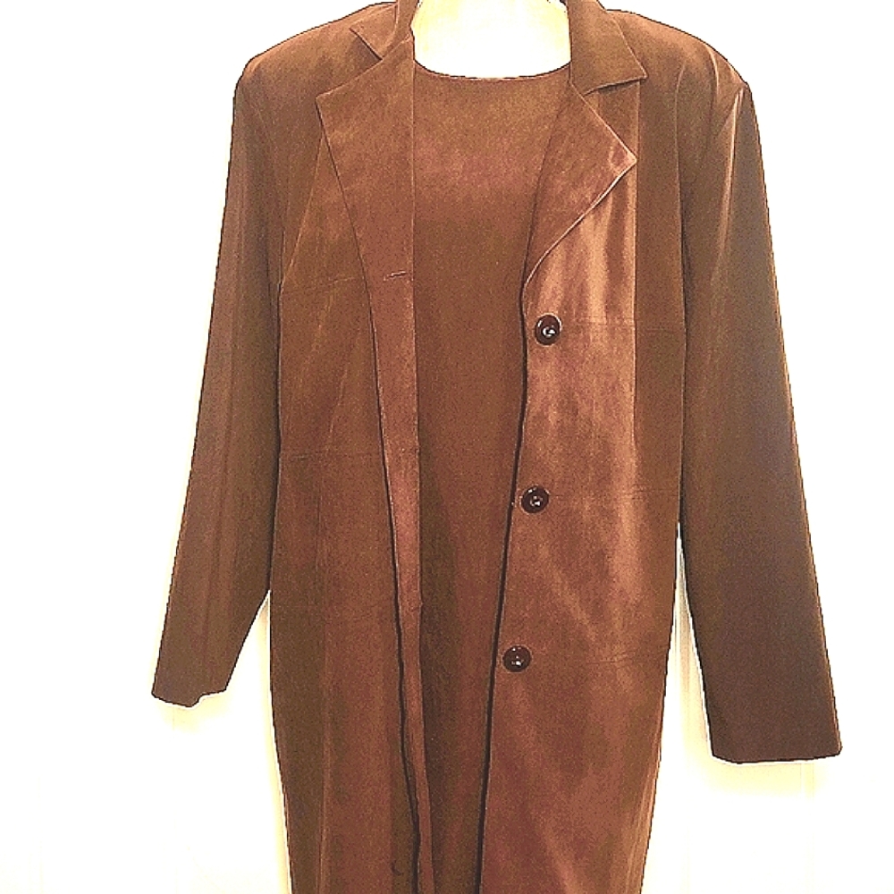 Vintage Brown faux leather/suede 2-piece boho western dress long coat  set.